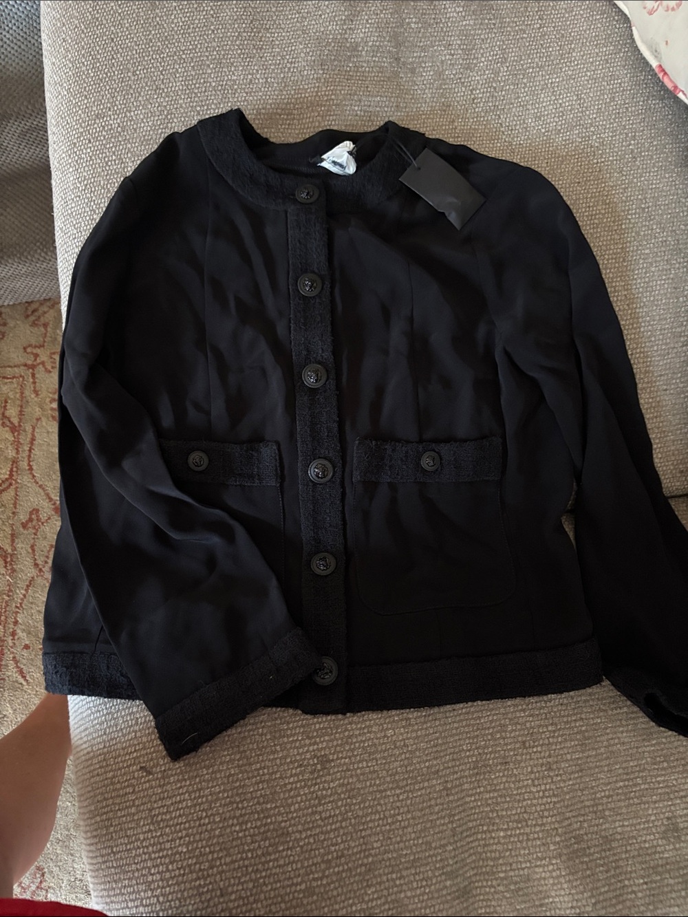 CHANEL Black Button-Front Tweed-Trim Jacket
